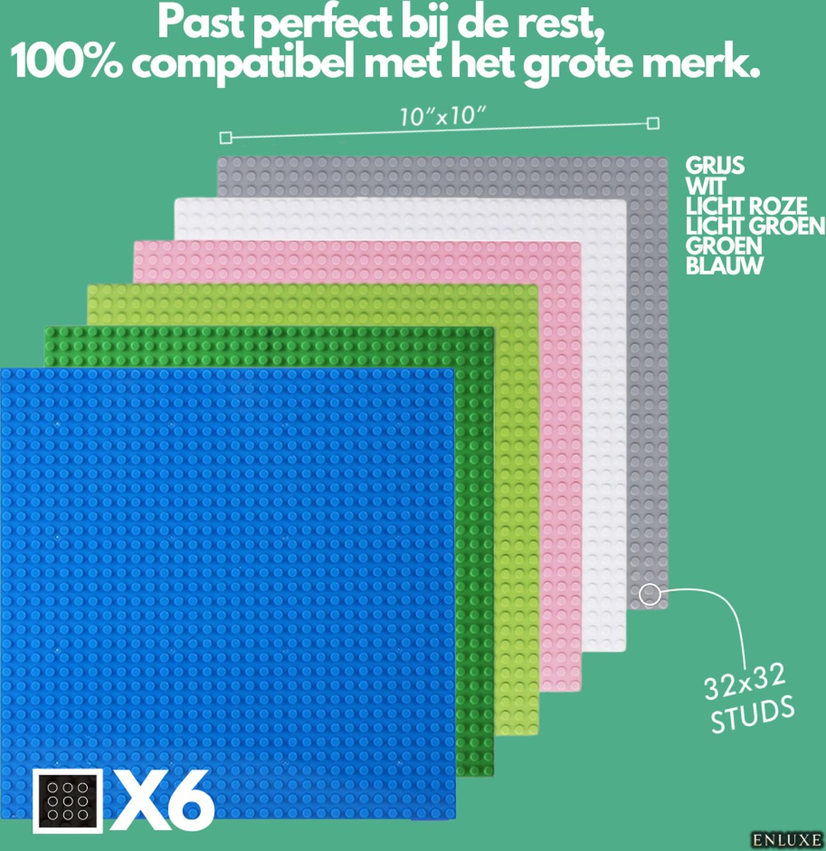 Enluxe Set van 6 Bouwplaten 32x32 Noppen | Perfect Geschikt voor Diverse Bouwstenen | Kleuren: Grijs, Wit, Licht Roze, Licht Groen, Groen en Blauw | Creatieve Basis voor Jouw Bouwprojecten